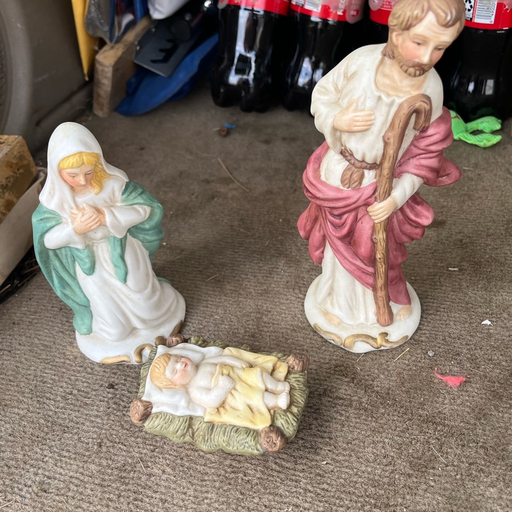 Nativity Scene Figurine Set with Green, White, and Red Accents
